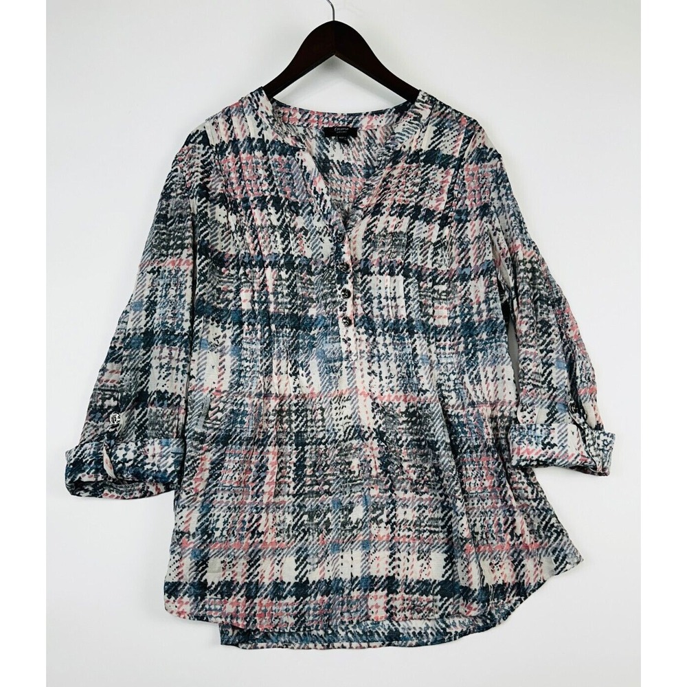 Cocomo Woman Top Size 3X Roll Tab V-Neck Pink Gray‎ Plaid Rayon Peasant Blouse